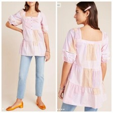 MAEVE ANTHROPOLOGIE Gable Tiered Tunic Striped Boho Pink Combo Size Small NEW
