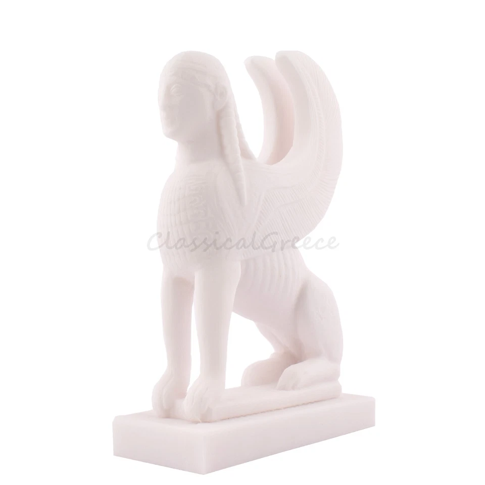 Statua antica mitologia greca sfinge alabastro 6,88" - 17,5 cm marmo fuso bianco - Immagine 4 di 4