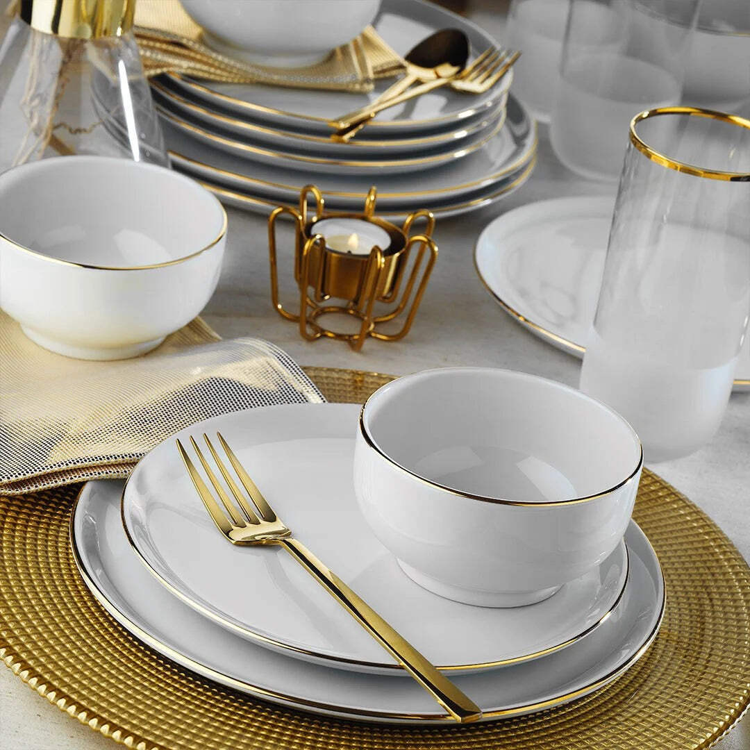 Porland Almina 18 Piece Porcelain Dinner Set for People, White/Gold