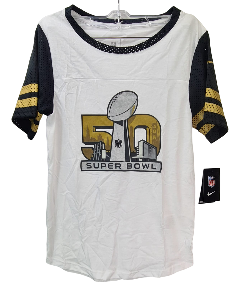 Nike Women's Super Bowl 50 Football Fan Gold Stripe T-Shirt, White