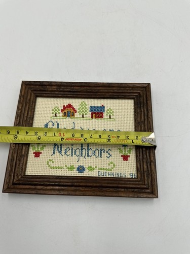 VTG Glad We Are Neighbors Framed Needlepoint Cross Stitch Sign Wall Art Signed - Picture 3 of 6