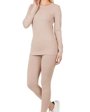 Women's microfiber round neck Top and Legging thermal underwear Loungewear Set 