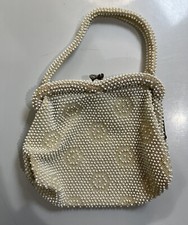 Vintage Cream Corde Lumered Beaded Floral Purse Handbag 1950s 1960s Flowers