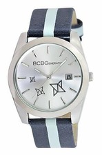 NEW BCBG SILVER TONE,NAVY+POWDER BLUE STRIPED CANVAS BAND,STAR DIAL WATCH GL4196