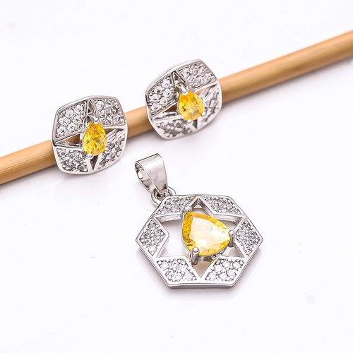 Yellow Sapphire Simulated & CZ 925 Silver Pendant Earring Set PS5 Valentine Gift