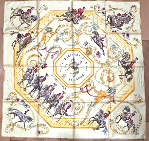 NEW! VTG HERMES ECOLE PORTUGESE D'ART EQUESTRE Carre 90 Silk Scarf Yellow #f6008 - Picture 2 of 13