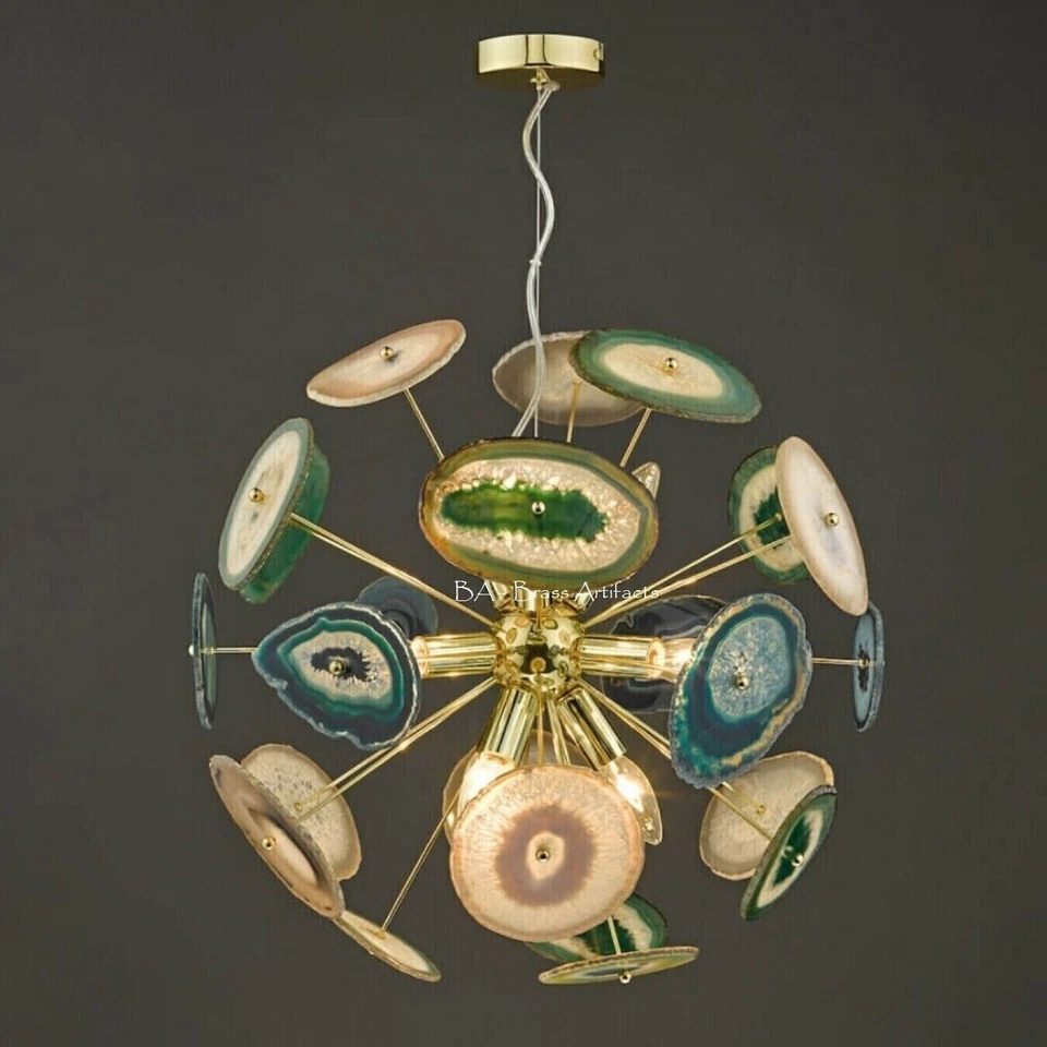 1950 CENTURY BRASS GREEN AGATE STONE URCHIN SPUTNIK CHANDELIER VINTAGE STILNOVO - Image 2 of 4