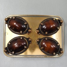 Rectangular Bronze Tone Belt Buckle with Four Stone Cabochons 2.5x3.5 Vintage