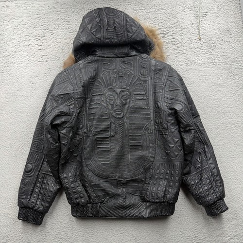 Petite veste vintage Vilanto cuir noir pharaon égyptien année 2000 capuche fourrure - Photo 1/8
