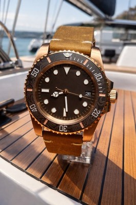 SEVIN ROSE GOLD YACHT-DIVER-CARBON BEZEL-AUTOMATIC NH35 W/LEATHER STRAP
