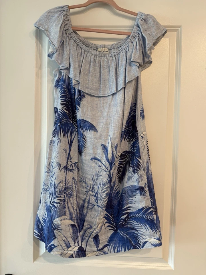 Tommy Bahama Women's Blue Floral Palm Tree Sleeveless Dress Ruffle Round Neck M - Image 2 of 3