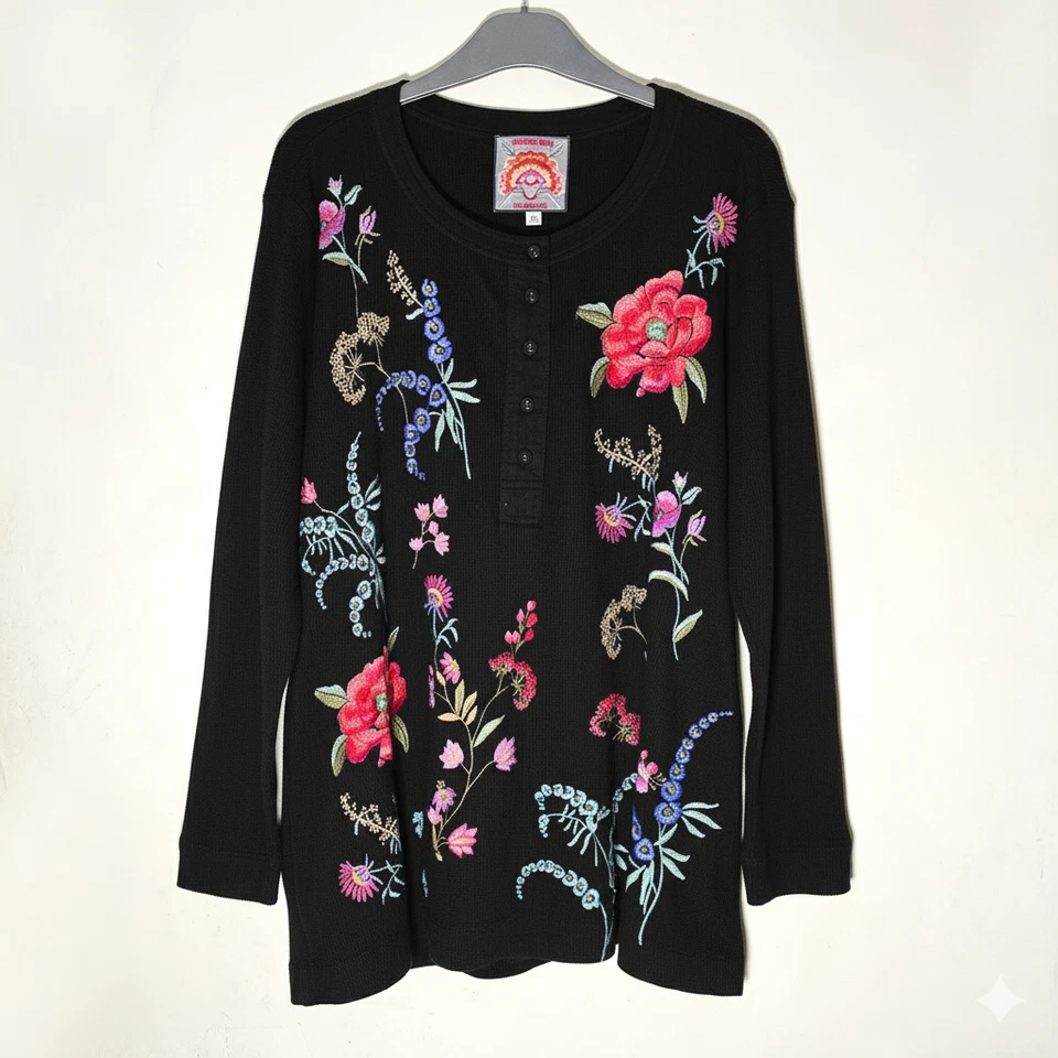 New Johnny was Mixed Media Henley Thermal Black Top L - Image 2 of 4