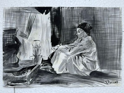 VINCENT VAN GOH drawing and painting on old paper signed stamped vintage