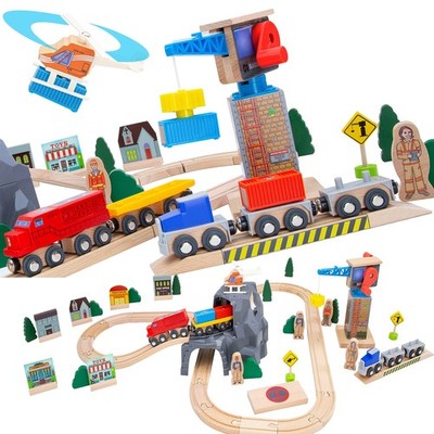 Wooden Train Set Kids Lift & Load Magnetic Crane Helicopter Semi Truck Shippi...