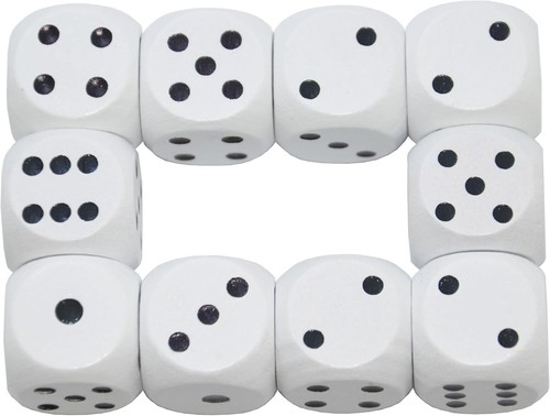 Set of 10 Six Sided Square Opaque 16mm D6 Dice White with Black Pip Die - Picture 4 of 4