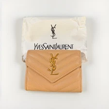 Yves Saint Laurent Wallet Brown Leather Gold Logo Mini Envelope