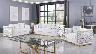 NEW Luxe White Gold 3PC Sofa Contemporary Two-Tone Glam Velvet Living Room Set