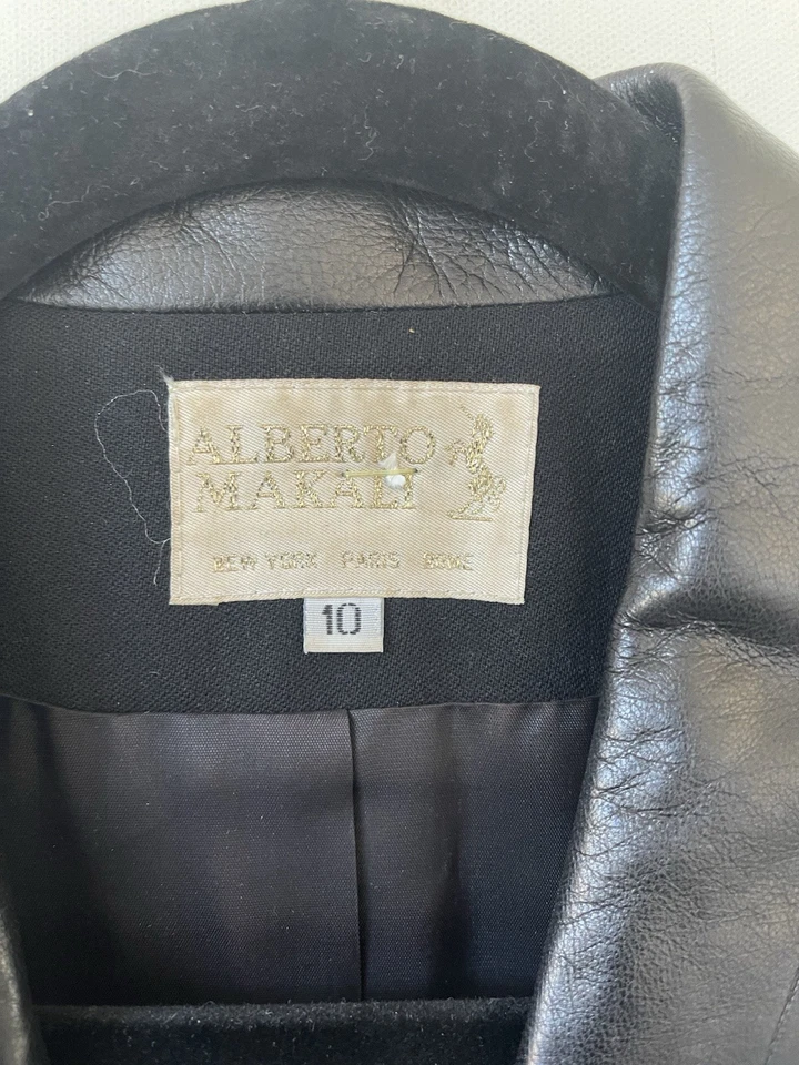 Alberto Makali 黑色 100% 羊毛西装外套夹克女式 10 码皮革装饰 — 第 3/4 张图片