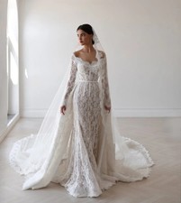 V Neck Mermaid Wedding Dress Detachable Tail Long Sleeve Lace Appliques Bridal