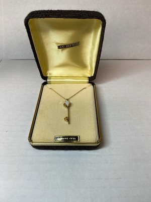 Vintage 14K Gold Filled Key Heart Pendant Necklace Genuine Opal Teardrop Box