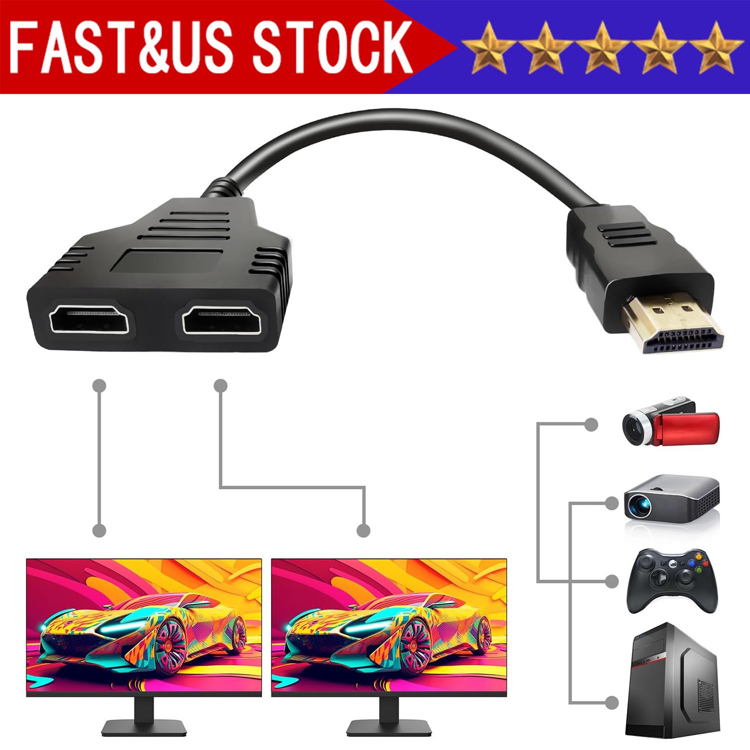 4K HDMI Cable Adapter Male To Dual Female 2.0 Converter 1 in 2 out Y Splitter TV