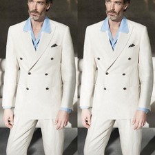 Beige Men Suits Formal Dinner Party Wedding Groom Tuxedos Peak Lapel Men Blazer