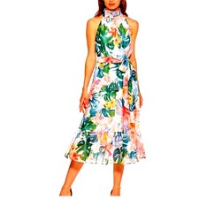 ELIZA J Dress 12 Midi Halter Floral Keyhole Button Neck Closure Ruffle Hem Lined