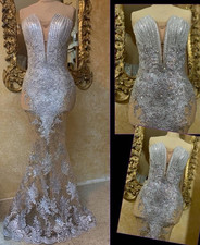Silver Sequin Embellished Mermaid Gown Deep V Neckline Strapless Sheer Panel