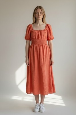 August Sky Coral Square Neck Puff Sleeve Smocked Waist Lined Midi Dress L RD4028
