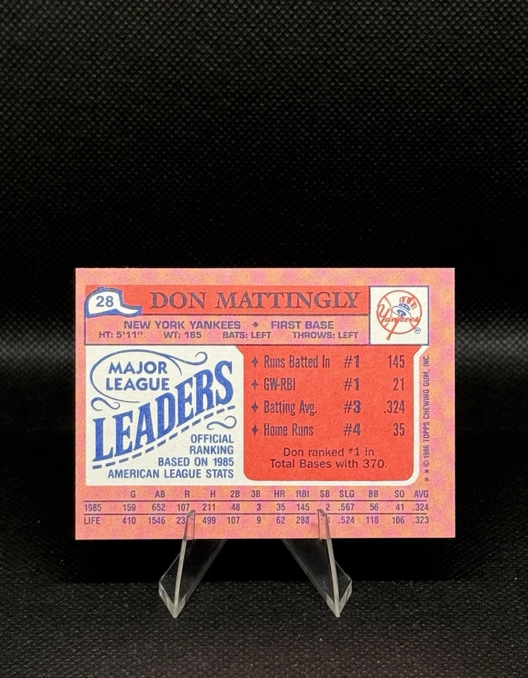 1986 Topps MLB Leaders Mini Don Mattingly #28 New York Yankees - Image 2 of 2