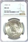 1923 $1 Peace Silver One Dollar US NGC MS64