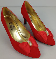 VTG 925 The PM Collection Womens 7M Red Velvet Rhinestone Bow Pump Heel Shoes