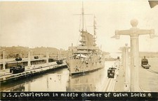 1920s Panama Canal USS Charleston Military  Navy Cruiser RPPC Postcard 26-1677