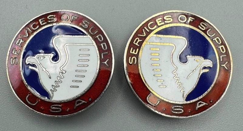 WWII Sterling Army Services of Supply (SOS) DI Unit Crest Pins Set by Meyer RARE