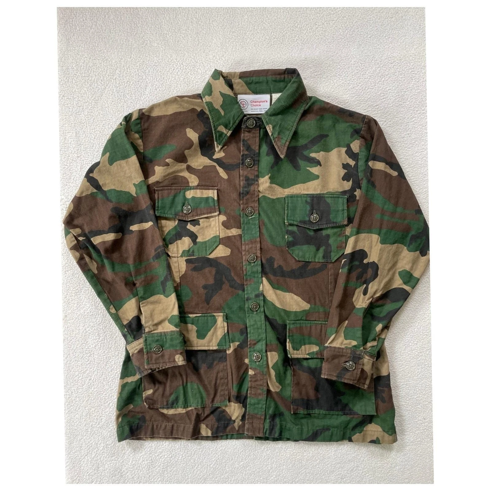 70s USA Champion's Choice Mens Large Utility Jacket Woodland Camo Ripstop Cotton - product detail image 1