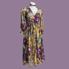 Leopard Floral Maxi Dress Long Sleeve Wrap Yellow Resort wear Vacation LARGE