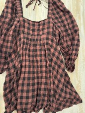 URBAN OUTFITTERS Pink/Red Plaid Square Neck Puff Sleeve Babydoll Mini Dress S