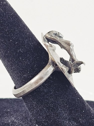 Sterling Silver 925 Mermaid Ring Size 5.25 Adjustable Artist Signed Deco MCM Vtg - Picture 5 of 15