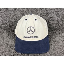Vintage Mercedes-Benz Hat Mens Cream Navy Blue Embroidered Logo Made in USA Cap