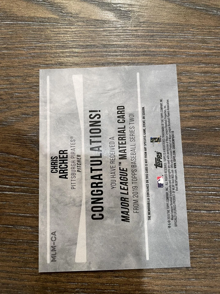 2019 Topps #MLM-CA Chris Archer Major League Material Relics - Image 2 of 2