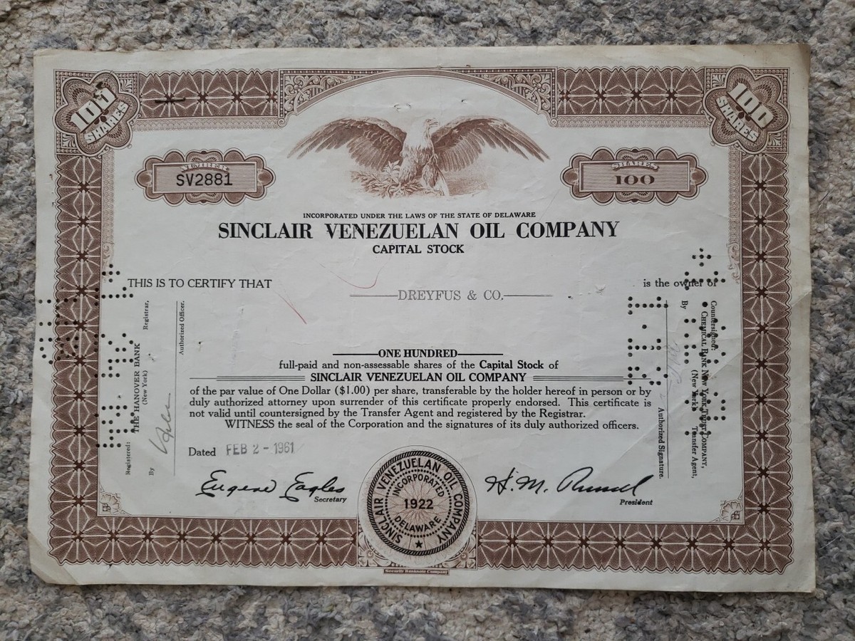 Sinclair Venezuelan Oil Company 1960's 100 Shares Capital Stock