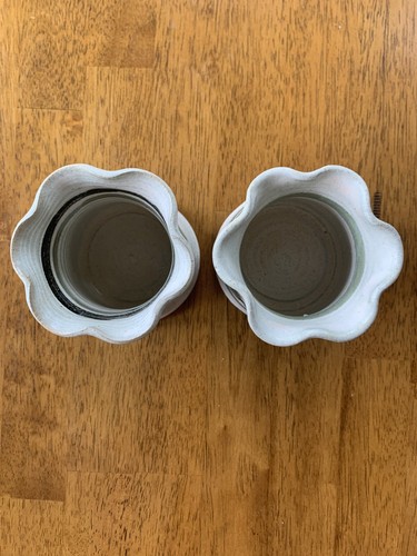 Vtg MGV Pottery Vases Candle Holders Ruffle Top Hand Made Green White Set Of 2 - Picture 5 of 24