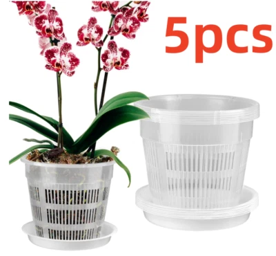 LIUWAZJ 5Pcs Clear Orchid Pot with Holes & Saucers Root for Home Garden Plant Durable