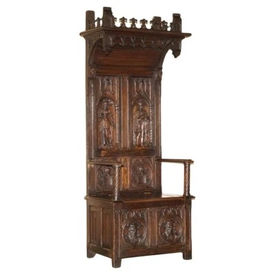 BELLE CHAISE DE SALLE DE PORTEUR ANCIENNE VERS 1860 RENAISSANCE GOTHIQUE JACOBÉENNE SCULPTÉE À LA MAIN - Photo 1/4