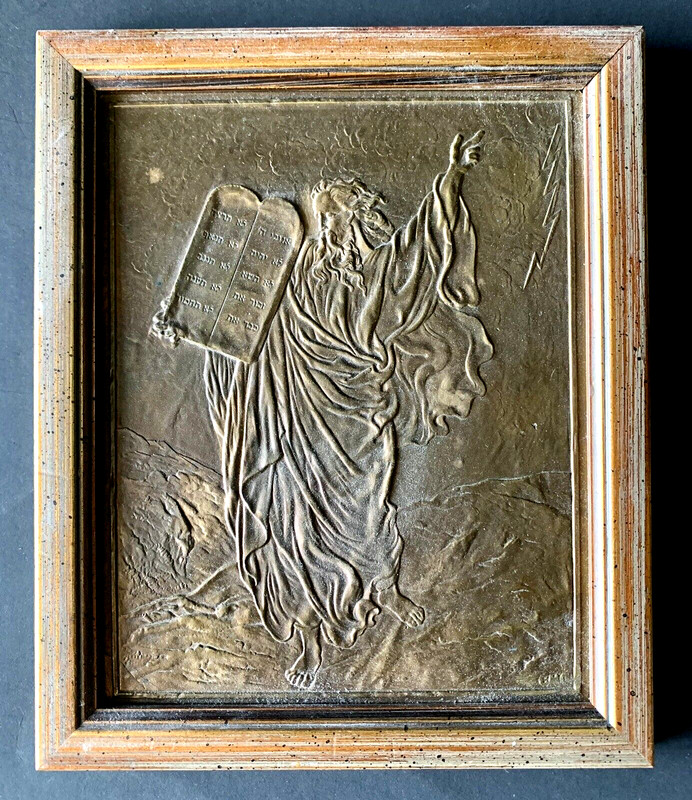 MOSES HOLDING THE TEN COMMANDMENTS BRONZE RELIEF SCULPTURE FRAMED 7 3/4 X 9 1/2"
