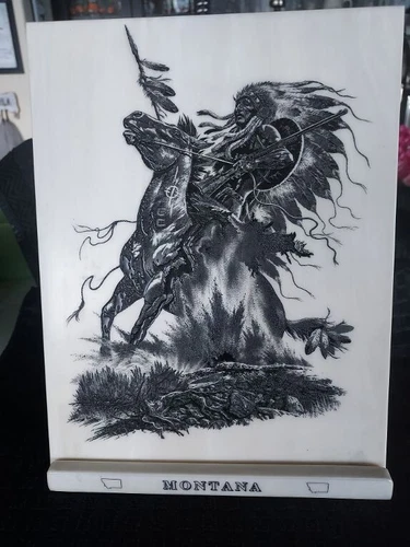 VINTAGE MONTANA MEMORABILIA: Bill O'Neill Etched Marble Art ORIGINAL “War Chief”