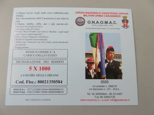POCKET CALENDAR - CARABINIERI WEAPON (O.N.A.O.M.A.C.) YEAR 2020