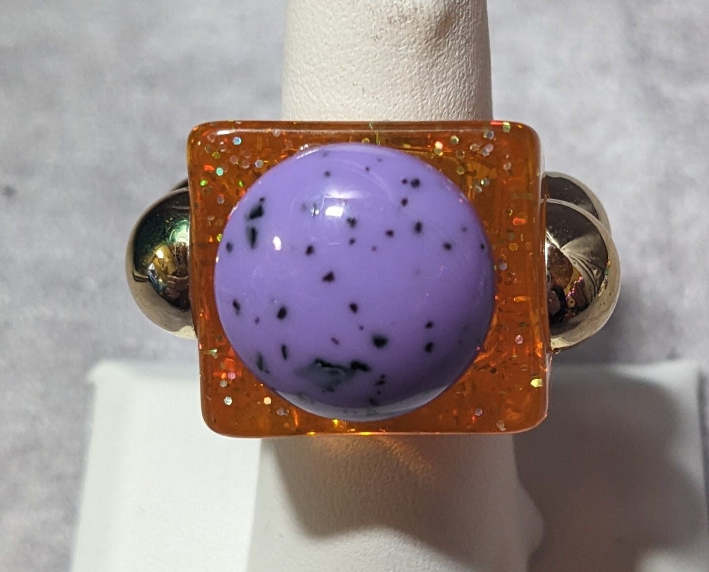 Chunky Translucent Orange Glitter Ring With Gold … - image 8