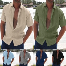 Mens Casual Button Down Shirts Short Sleeve Beach Linen Cotton Summer Shirt.