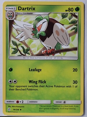 Dartrix 19/236 NM - Cosmic Eclipse Pokemon Card - Akira Komayama